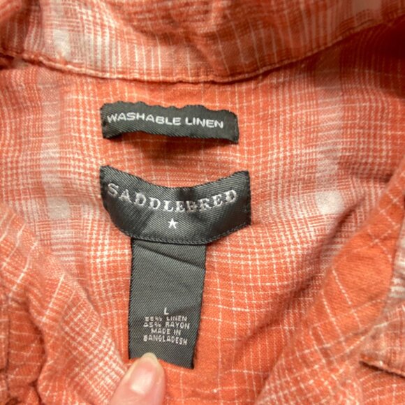 Saddlebred Shirt Men's Large Orange Plaid Washable Linen Button-Up Beach Summer - Picture 2 of 8